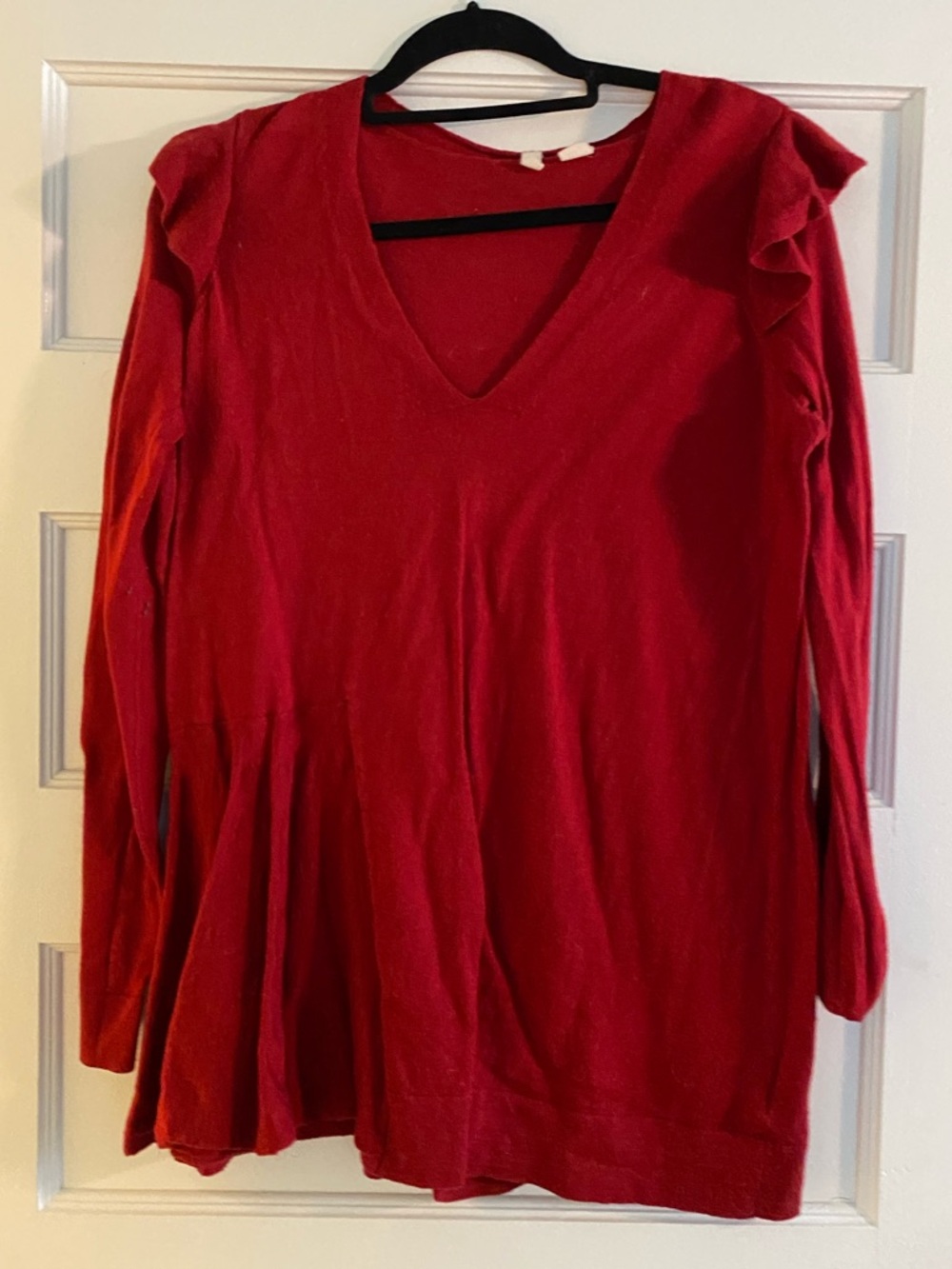 Anthropologie Red V-Neck Long Sleeve Ruffle Sweater